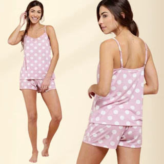 Shortdoll pijama de bolinha em liganete premium estampado poá alça regulável