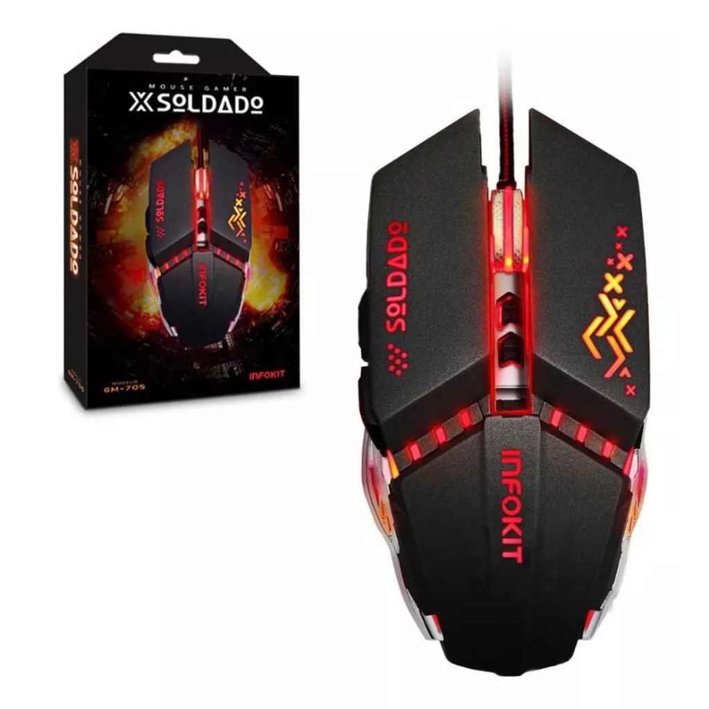 Mouse Gamer Com Fio USB Botão Lateral RGB LED 7 Cores DPI 2400