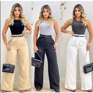 Calça feminina em alfaiataria Pantalona com cinto P ao GG