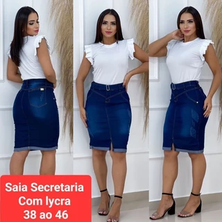 Saia Jeans Mide Secretária Moda Evangélica com Lycra
