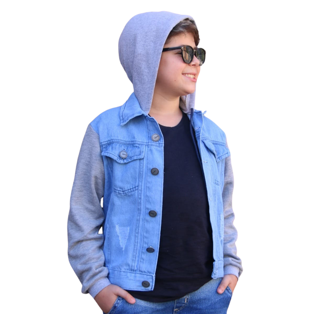 Jaqueta Jeans Infantil Juvenil Unisex Mangas e Touca de Moletom