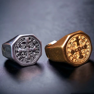 Anel Dedeira Masculino Medalha São Bento Aço Inox Prata E Dourado Medalha Proteção Aço Inoxidável