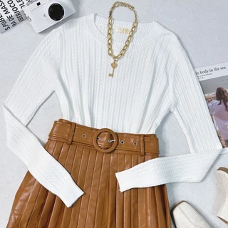 Blusa Feminina Gola Redonda Trancinha Tricot Suéter Manga Longa