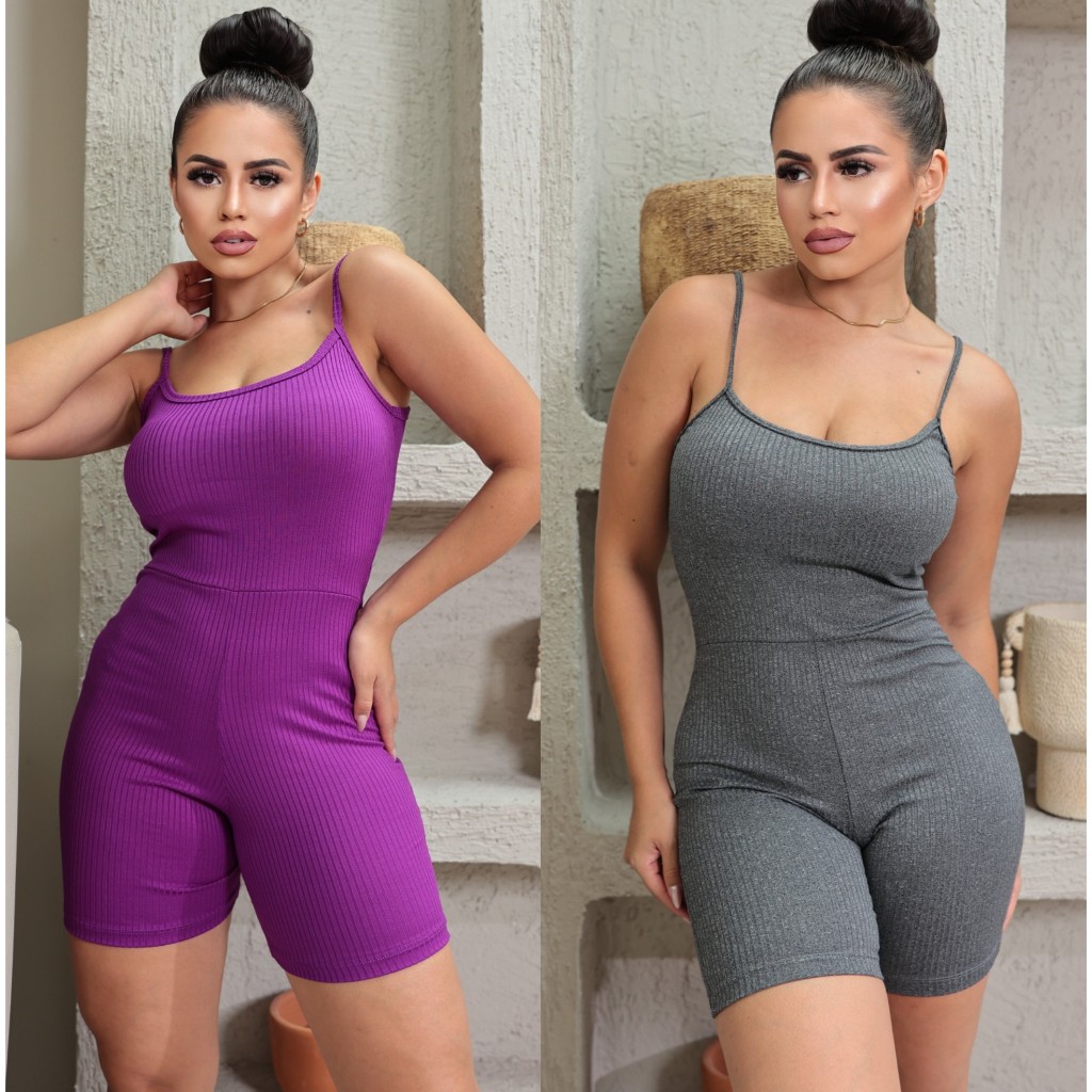 Kit com 2 Macaquinho Canelado Com Alcinha Shorts Macacão Fitness Jardineira
