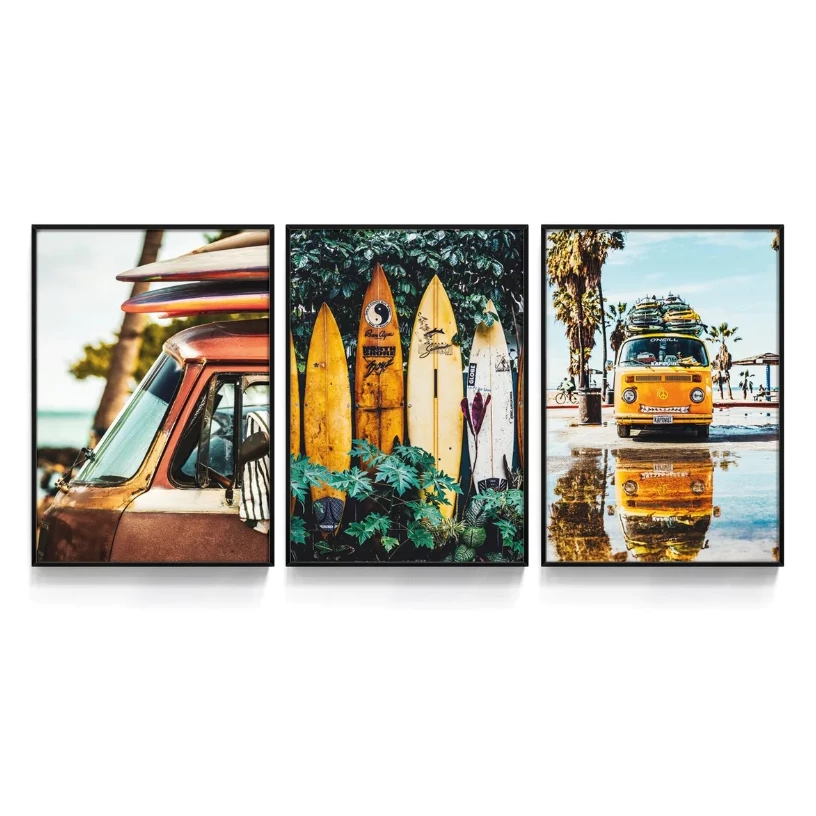 Quadro decorativo kombi praia mar e prancha areia