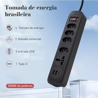 Extensão 4 Tomada 2 Usb 1 Type-C 1 Universal Proteção Led Bivolt Power Filtro De Energia