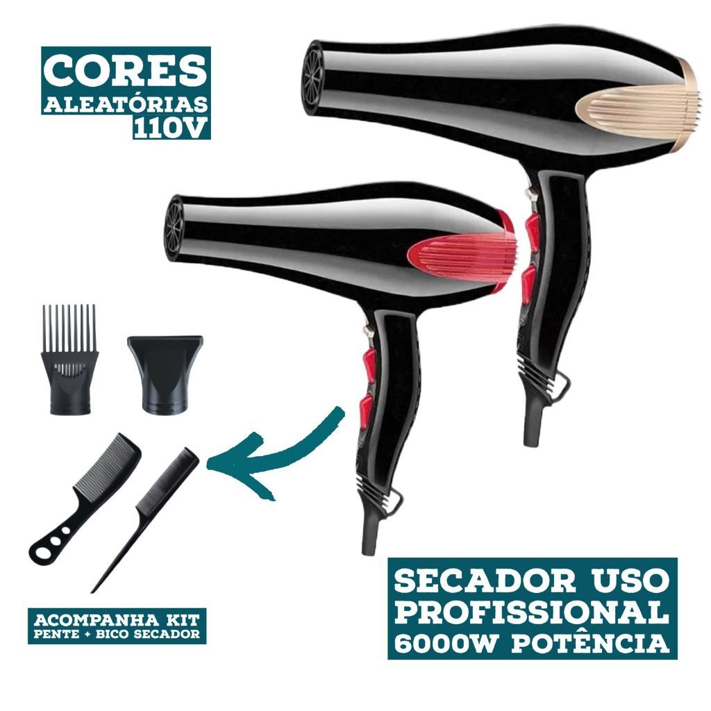 Secador De Cabelo Max Power Turbo Ultra Potente Profissional 6000W Preto 4 em 1 110v