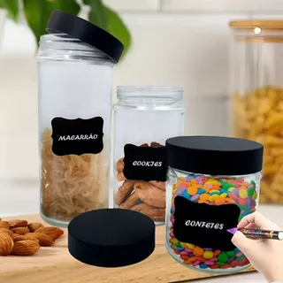 Conjunto 3 Potes Vidro Com Tampa E Adesivo Lousa P/ Escrever Mantimentos Doces.
