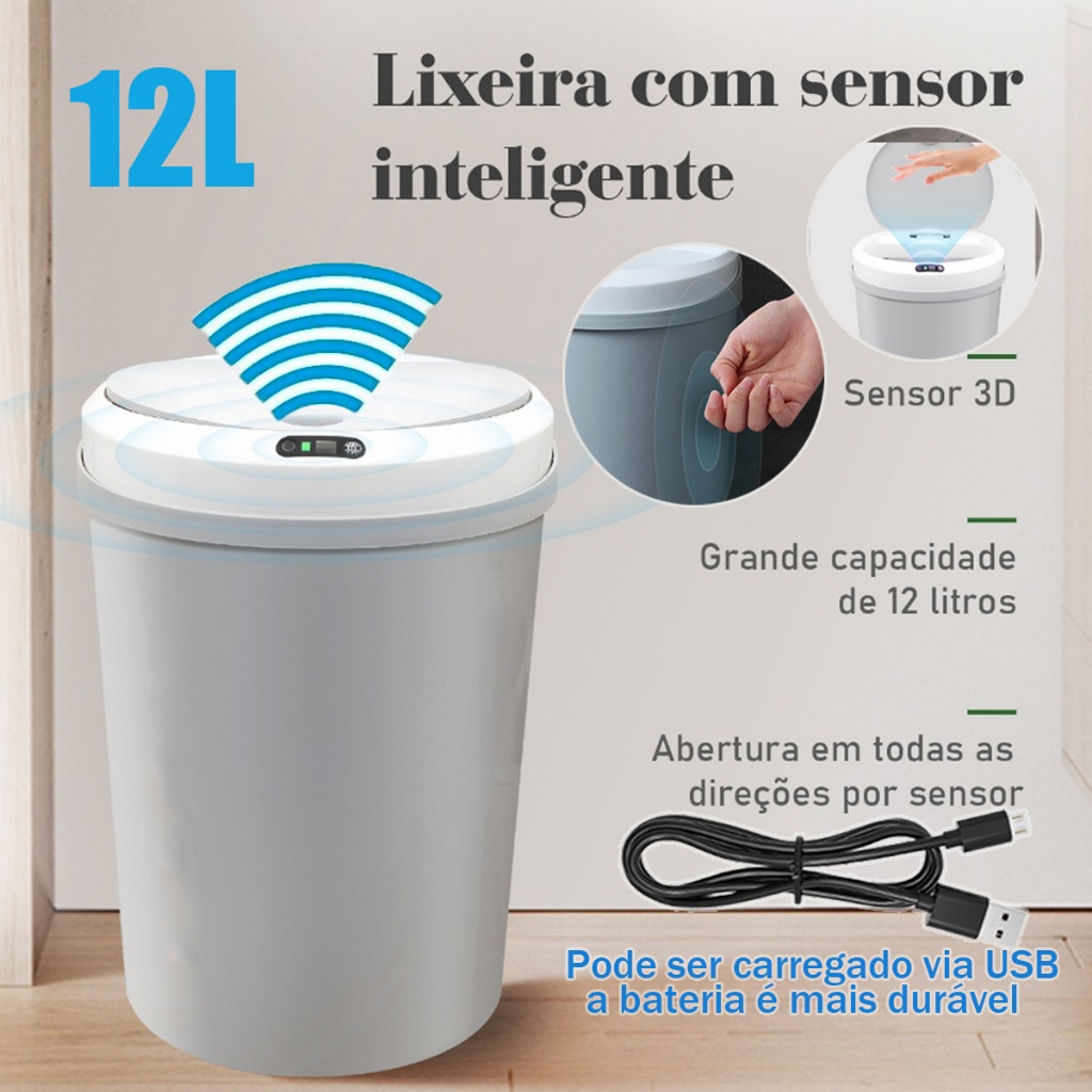 USB Lixeira com Sensor Automático Inteligente Abre Fácil em Toque Cesto Lixo Casa Quarto Banheiro Cozinha Escritório 12 Litros Bateria Recarregável