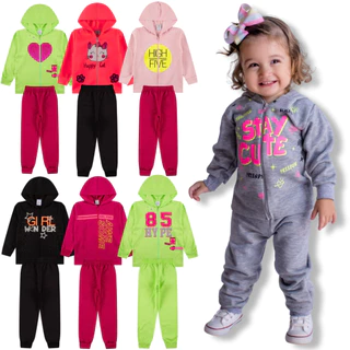 Kit Sortido 6 Peças Moletom Infantil Menina Juvenil Feminino em Promoção com Zíper - 3 Jaquetas + 3 Calças Peluciada