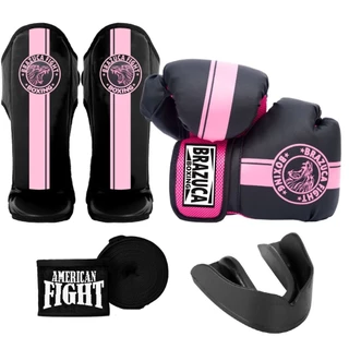 Kit Muay Thai Luva Caneleira Bandagem Bucal Brazuca - Rosa