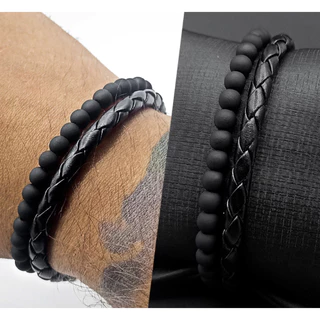 Kit 2 Pulseiras Masculinas de Couro Redondo Ajustável Bolinhas Preta Fosca 6mm