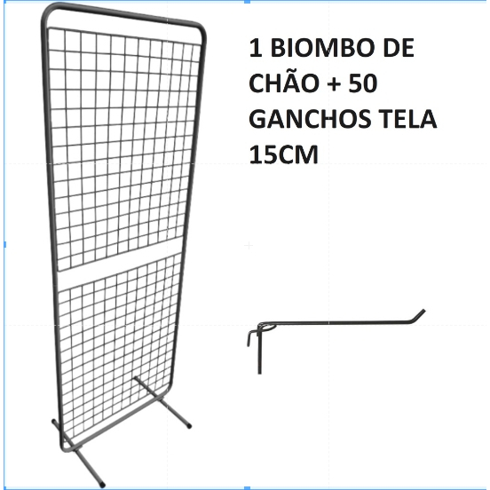 Biombo De Chão Expositor Aramado + 50 Ganchos De 15cm - PRETO e BRANCO