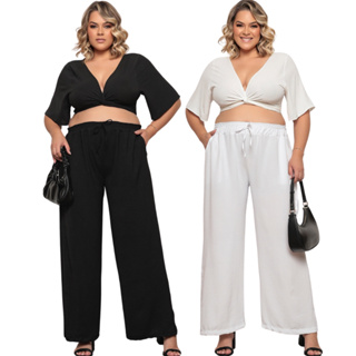Calça E Cropped Conjunto Plus Size De Amarrar Elástico Duna