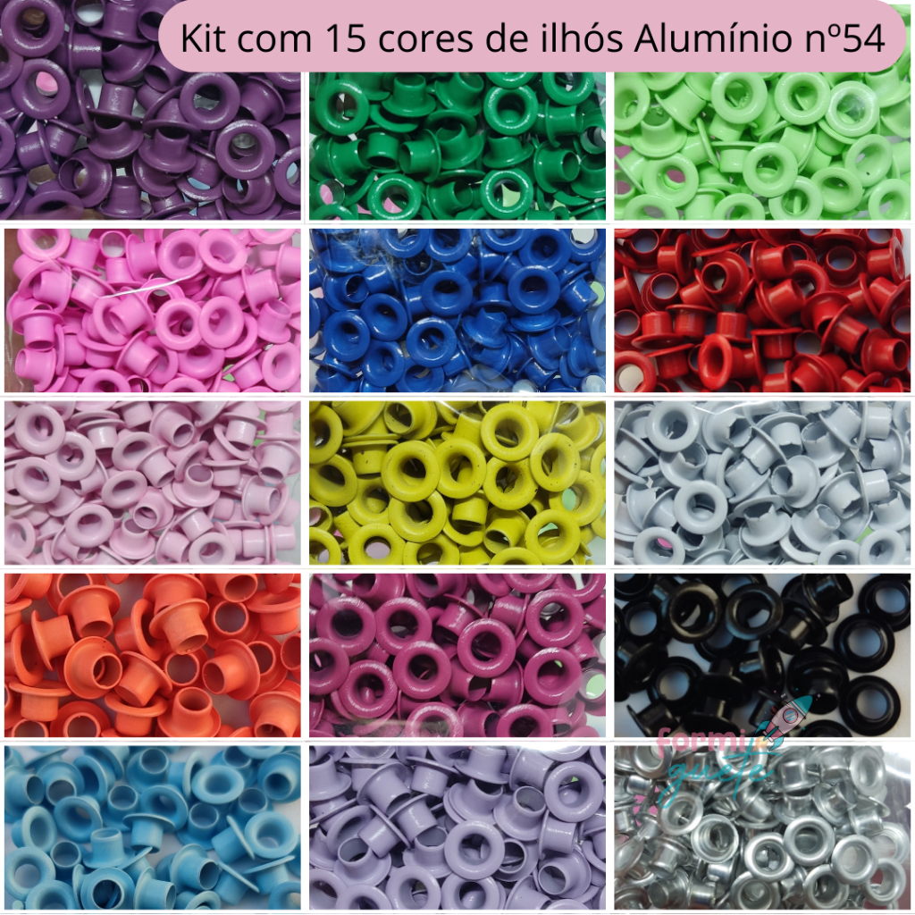 Kit ilhós alumínio n°54 com 15 cores para artesanato aplicação feita com crop e alicate.