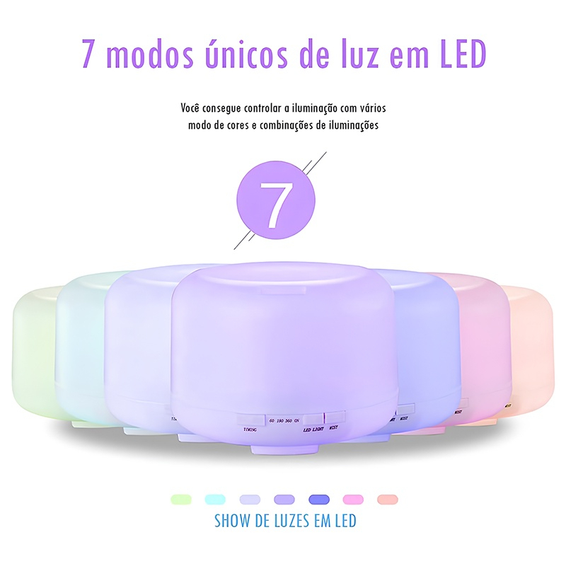 Umidificador Difusor Aromatizador Luz LED De 7 Cores Com Controle Remoto 300 E 500ML