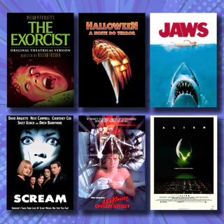 Poster Filmes de TERROR CLÁSSICOS [Sexta-Feira 13, Halloween, Pânico, Alien, Tubarão] A4 Decoração Halloween Terror