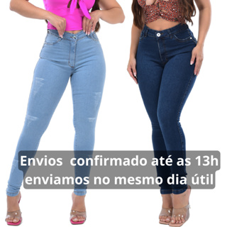 Kit 2 Calças Jeans Feminina Cintura Alta Lycra com Elastano Premium Cós Alto Modelagem Levanta Bumbum
