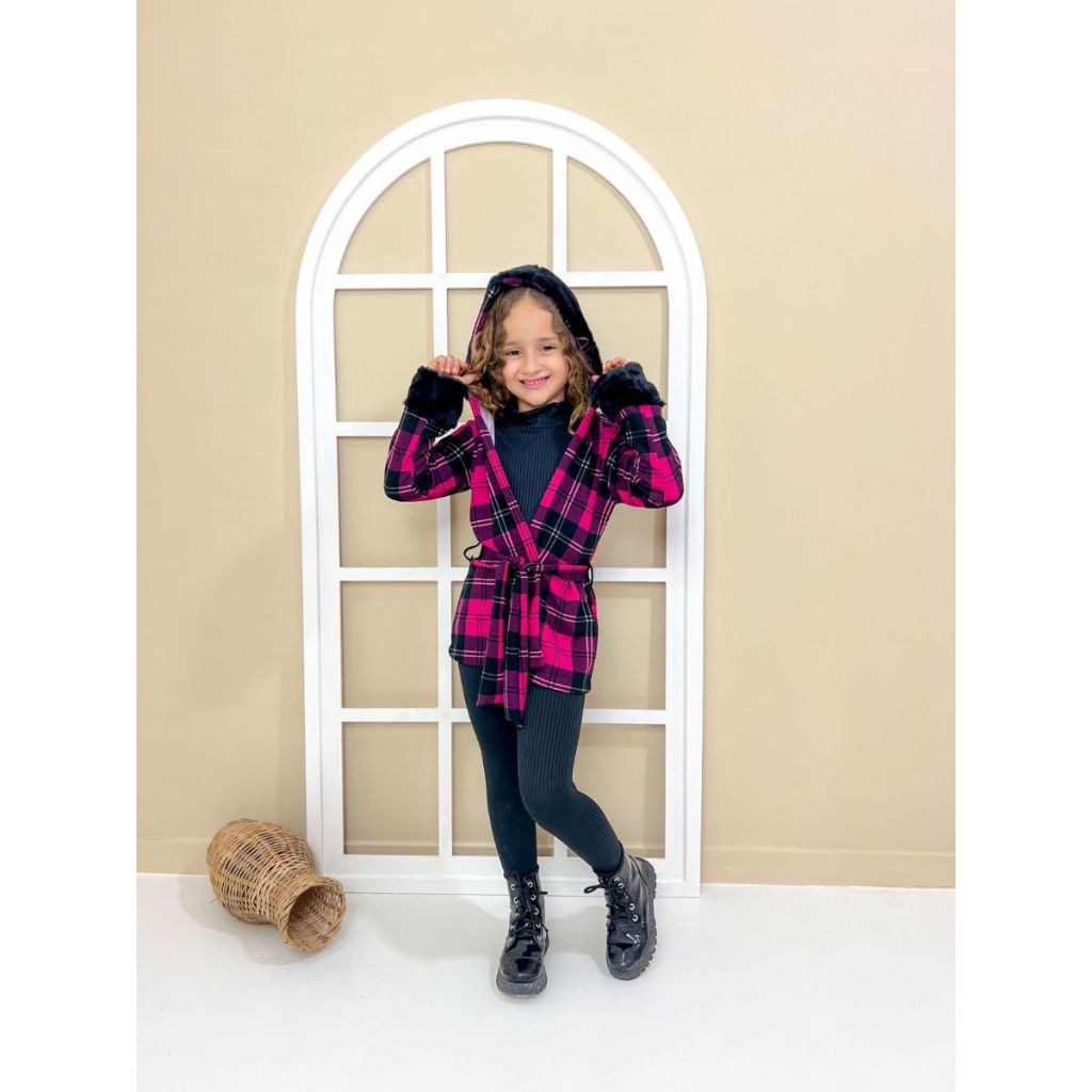 Conjunto Xadrez Sobretudo Com Capuz Blusa Manga Longa Calça