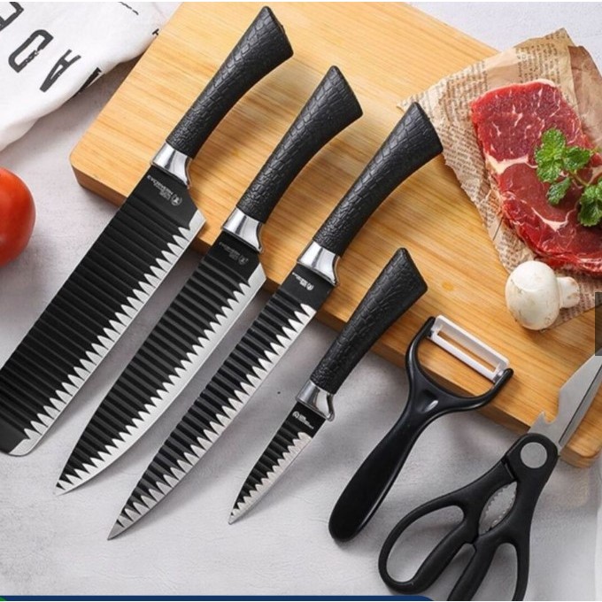 KIT De Facas Cozinha Completo Para Chef Lâmina Inox 6 Peças Descascador E Tesoura