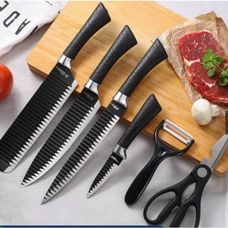 KIT De Facas Cozinha Completo Para Chef Lâmina Inox 6 Peças Descascador E Tesoura