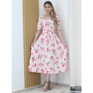 Vestido Plissado Floral Manga Bufante