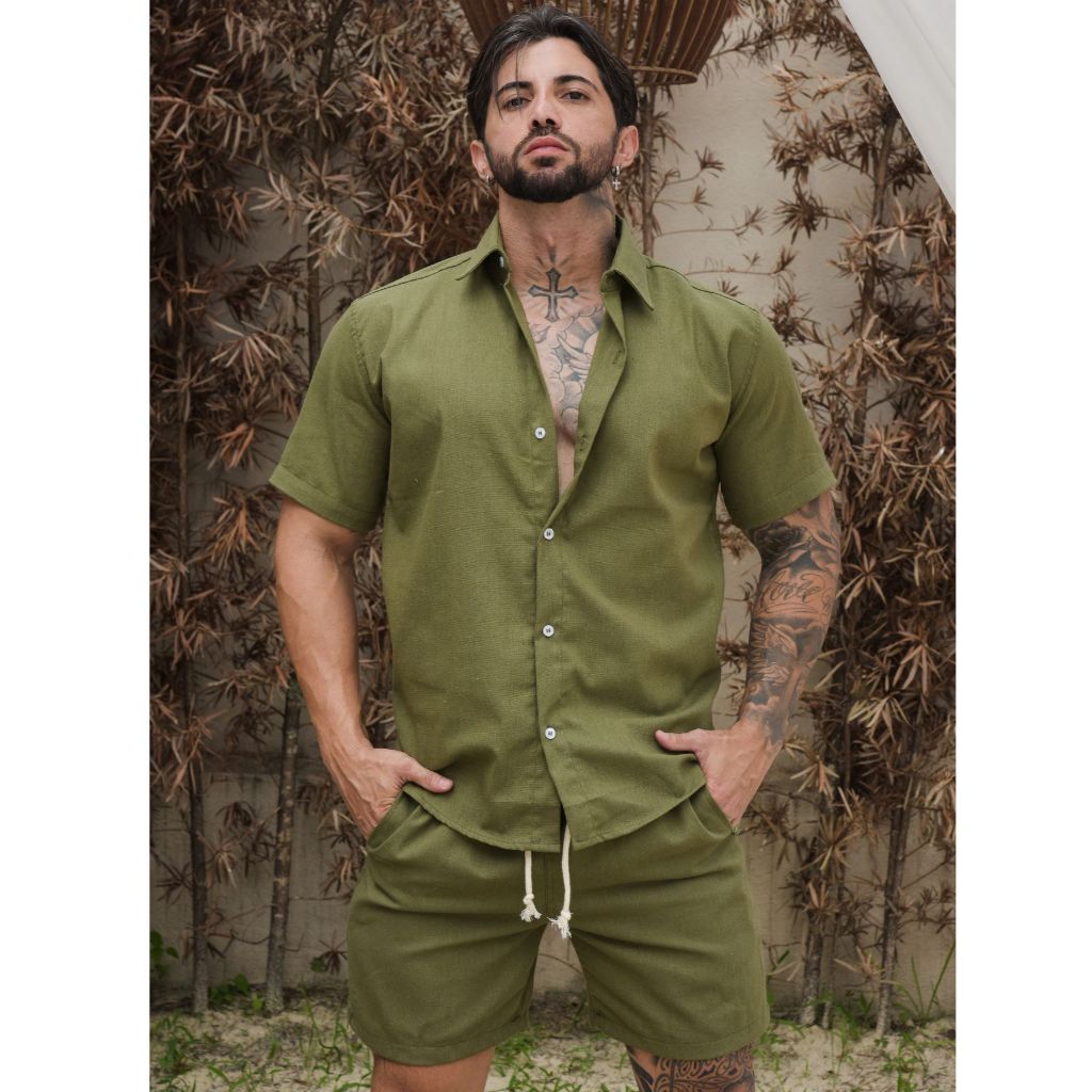 Conjunto Masculino de Linho Social Camisa botão e Bermuda Linho