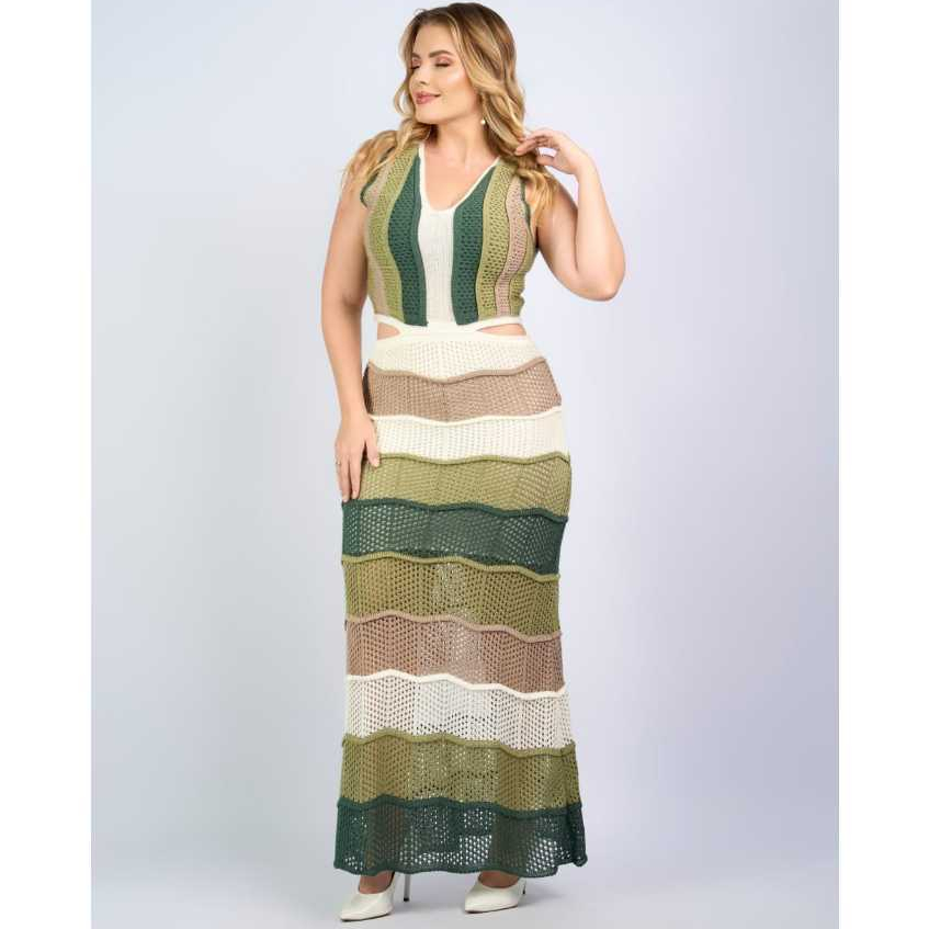 Vestido de Linha Longo de Festa Tricô Tricot com Forro Nervura Listrado ...