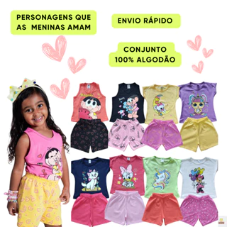 Kit Sortido 12 Peças de Roupas Infantil Menina 100% algodão- 6 Camisetas + 6 Bermudas - Promoção - Kit com 6 Conjuntos de Roupa Infantil Menina