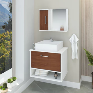 Conjunto gabinete banheiro Malibu 50 cm com cuba e espelheira