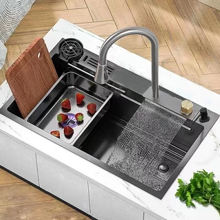 Pia de cozinha de aço inoxidável combinada com torneira preto 75cm