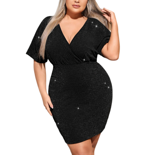 Vestido Colado Curto Manga Asa Morcego Lurex Brilho Plus Size
