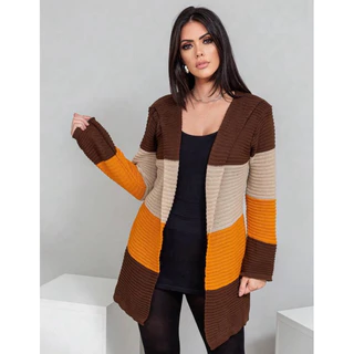 Cardigan Casaco Listrado Tricot Tricô Manga Longa Feminino