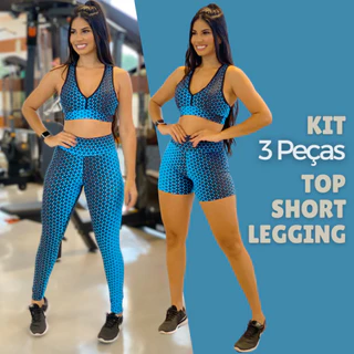 Conjunto Fitness 3 Peças Academia Calça Shorts Top Nadador