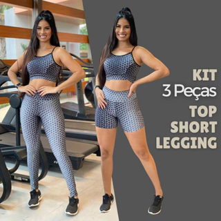 Conjunto Academia 3 Peças Fitness Calça Shorts Top Alça Feminino