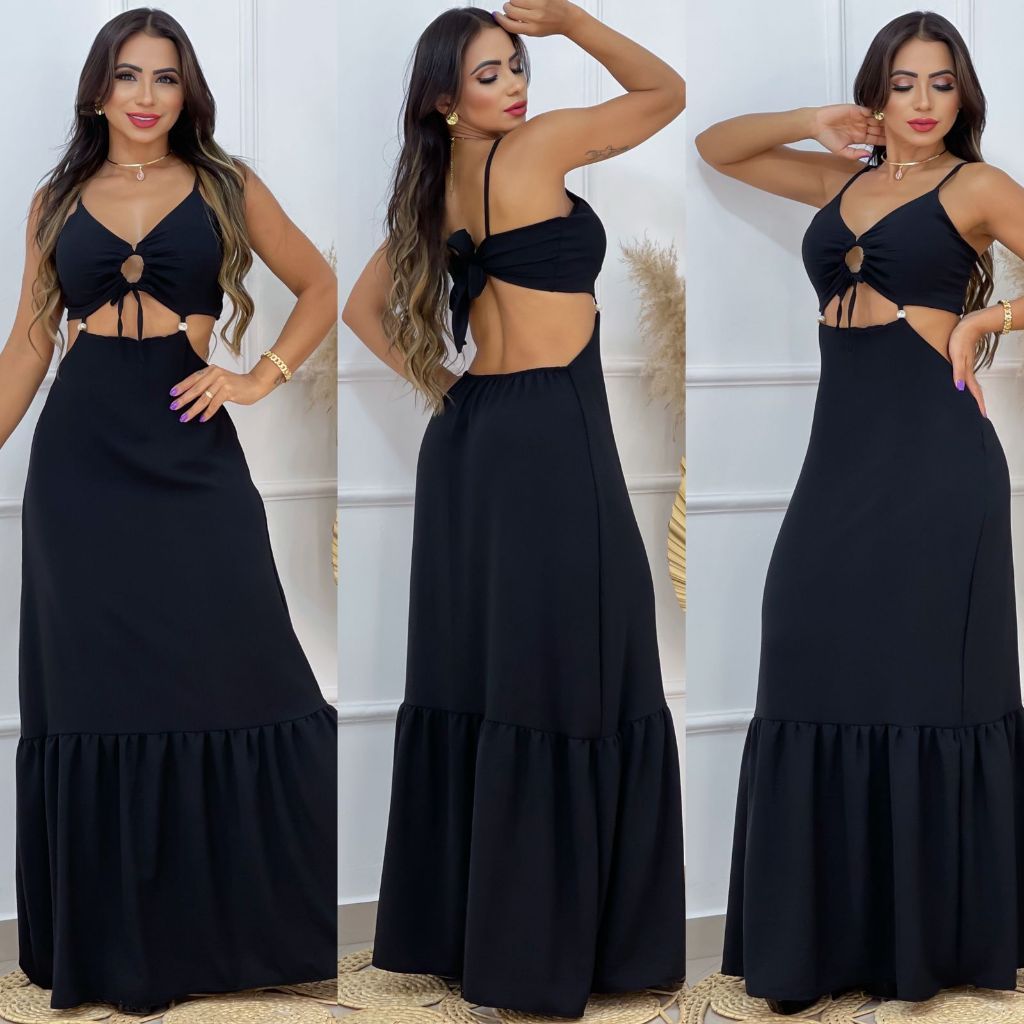 VESTIDO FEMININO LISO BUSTO AJUSTÁVEL LONGO ALÇA COSTAS AMARRAR