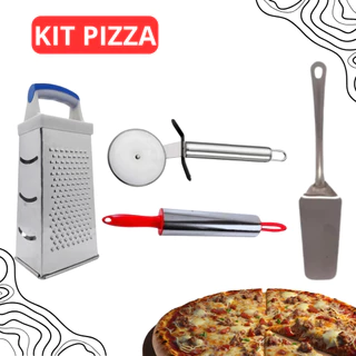 KIT 4 PIZZA - RALADOR 4 FACES - CORTADOR DE PIZZA - ESPÁTULA E ROLO PARA MASSA