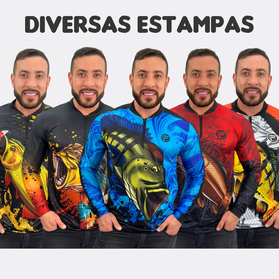 Camisa de Pesca Proteção Solar Uv50 Blusa Com Tecido Dry fit Camiseta Peixe DE Pescaria Lançamento 2024 Peixes Tucunare, Dourado