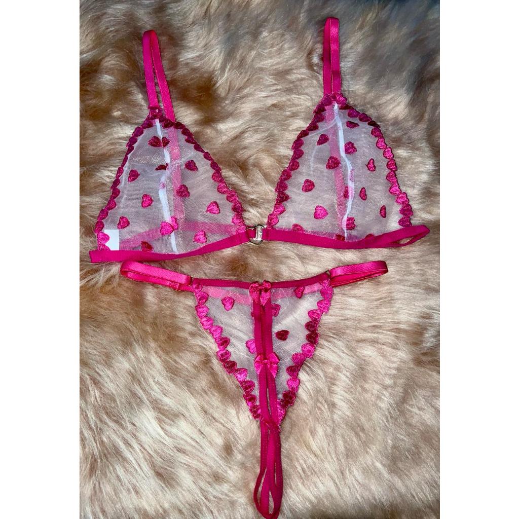 Conjunto Lingerie Tule De Coração Sutiã Sem Bojo