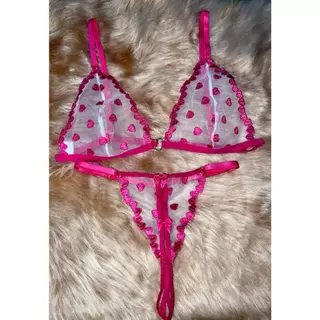 Conjunto Lingerie Tule De Coração Sutiã Sem Bojo