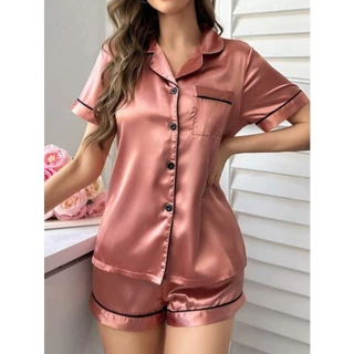 Pijama Americano Curto Baby Doll Seda Cetim Liso E Estampado Manga Curta Verão Moda Confortável