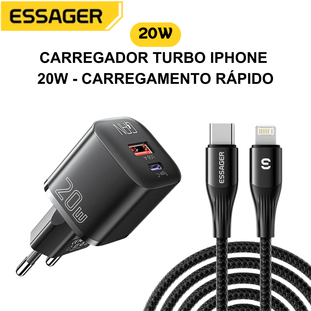 Carregador Iphone Turbo Cabo e Fonte Tipo C 20W XR,11,12,13,14 15 ...