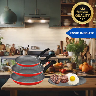 Kit Conjunto 03 Frigideiras Alumínio Antiaderente Cabo Baquelite Resistente Caçarola Panela Cozinha