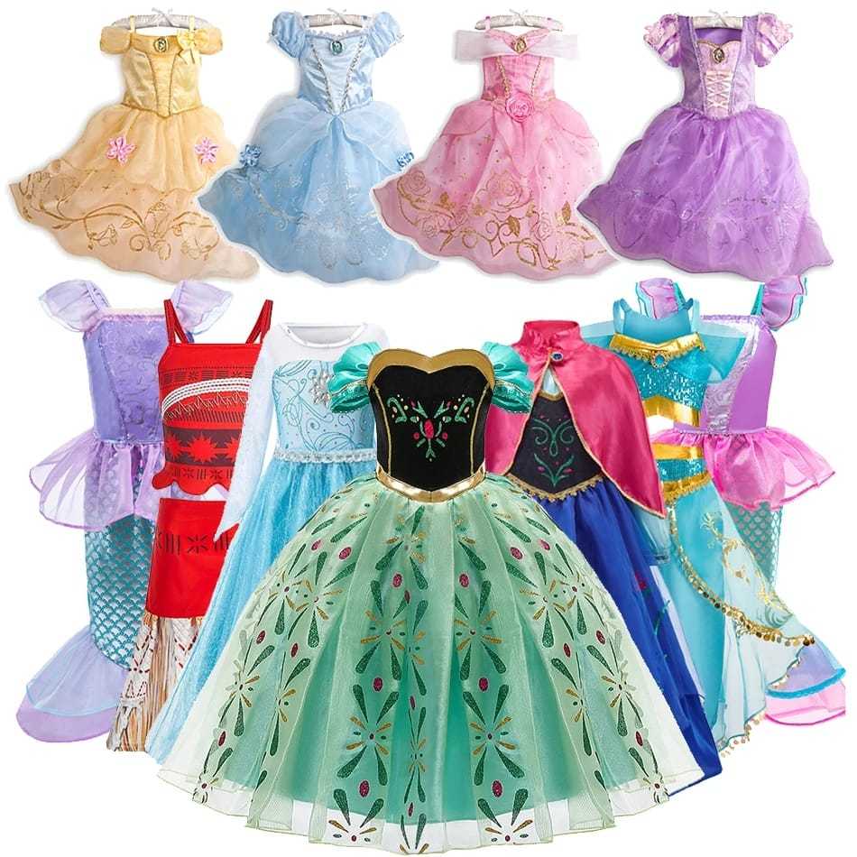 Vestido da Princesa Disney fantasia da Elsa Ana Jasmine Ariel Rapunzel ...