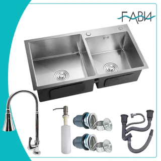 Cuba Dupla Inox Quadrada Cozinha Pia Gourmet Prata 75x43CM com Torneira com pedestal de prata/preto