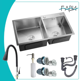 78x43cm Cuba Dupla 304 Inox Quadrada Cozinha Pia Gourmet Prata com torneira