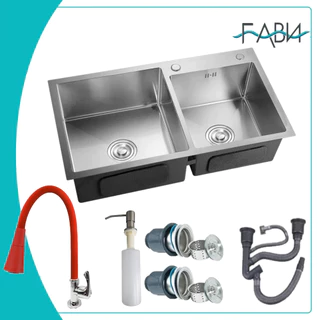 78x43cm Cuba Dupla 304 Inox Quadrada Cozinha Pia Gourmet Prata com Torneira vermelha