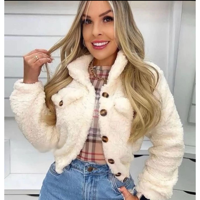 CASACO TEDDY CROPPED DE PELINHO BLUSA DE FRIO FEMININA