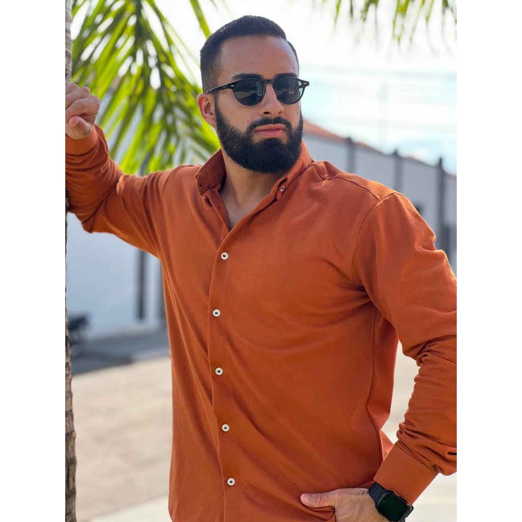 Camisa Social Masculina Piquet Marrom Claro Novidade Original