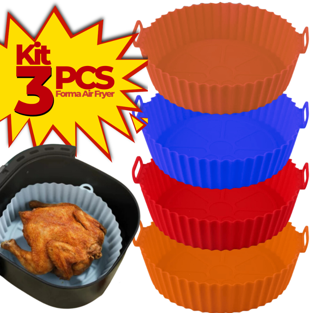 Kit 3 Peças Forma Para Air Fryer Silicone Reutilizável Resistente ao Calor Livre de BPA Forma Redonda de Silicone Assadeira Air Fryer Acessórios Forros de Papel Substituição para Forno Micro-Ondas (Cores sortidas)